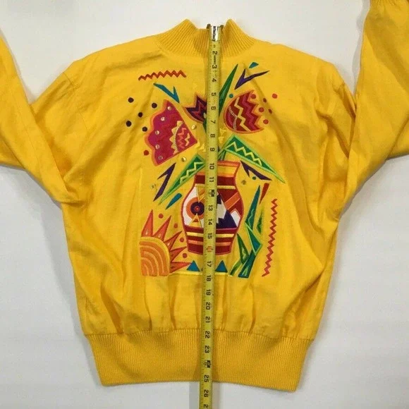 Vintage Floral Embroidered Jacket L Yellow Art to Wear Southwestern Flower - Picture 6 of 10